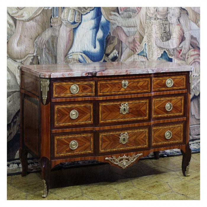 A LOUIS XV/XVI TRANSITIONAL ORMOLU-MOUNTED MAHOGANY, ROSEWOOD AND FRUITWOOD COMMODE, BY JEAN-MARTIN SCHILER, CIRCA 1770.