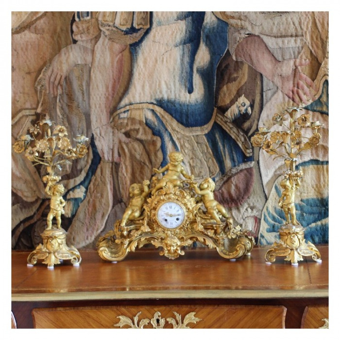LOUIS XV ORMOLU, THREE-PIECE CLOCK GARNITURE BY JAPY FRERES